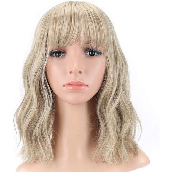 Natural Wavy Short Bob With Air Bangs Women's Shoulder Length Wigs Curly Wavy - Picture 2 of 6
